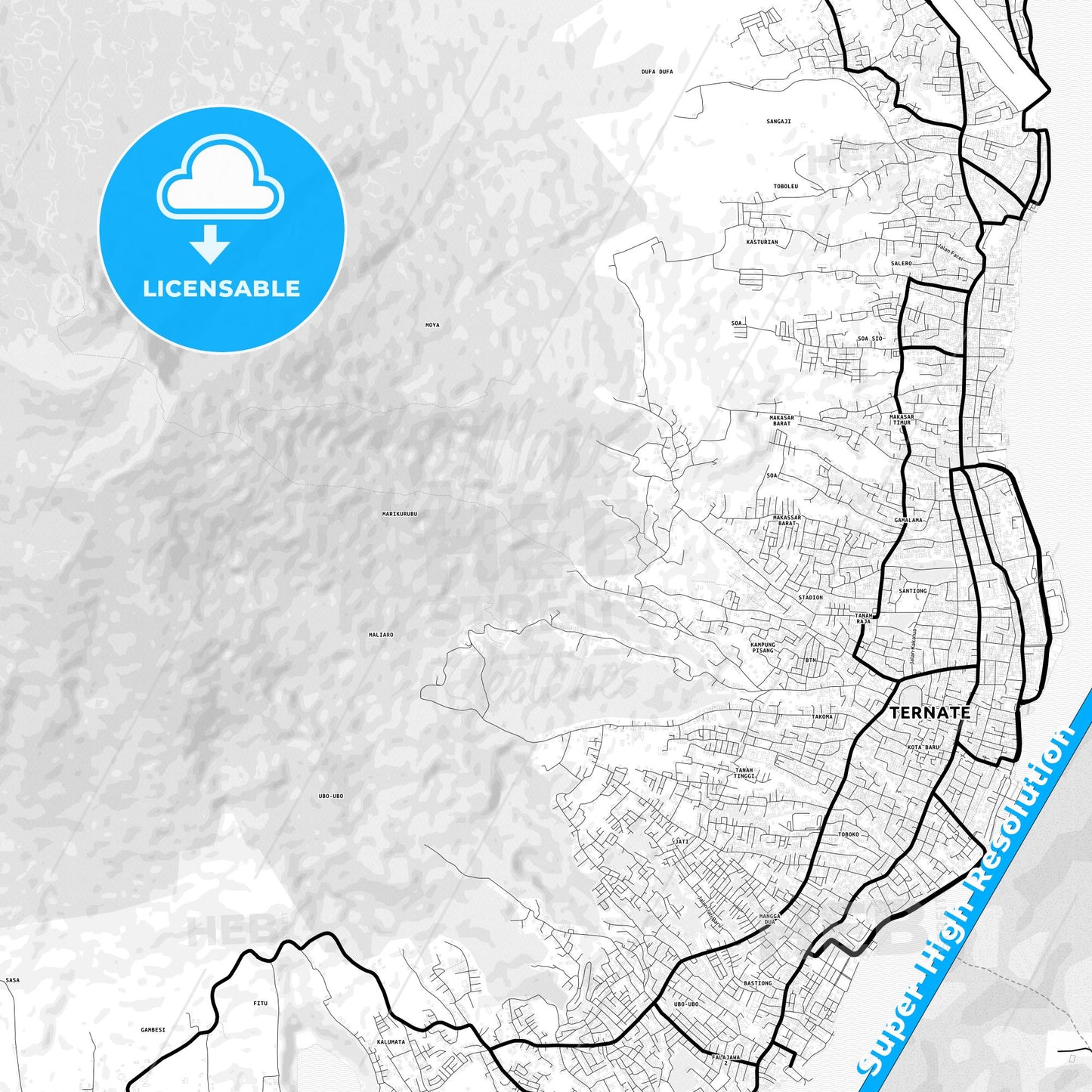Ternate, Indonesia Light Map with Street Names, City Names, and Districts