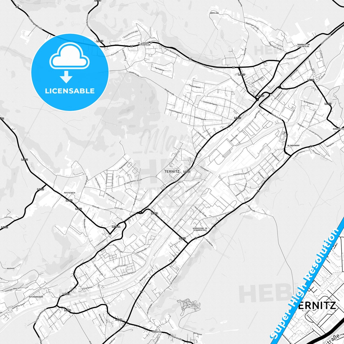Ternitz, Austria Light Map with Street Names, City Names, and Districts