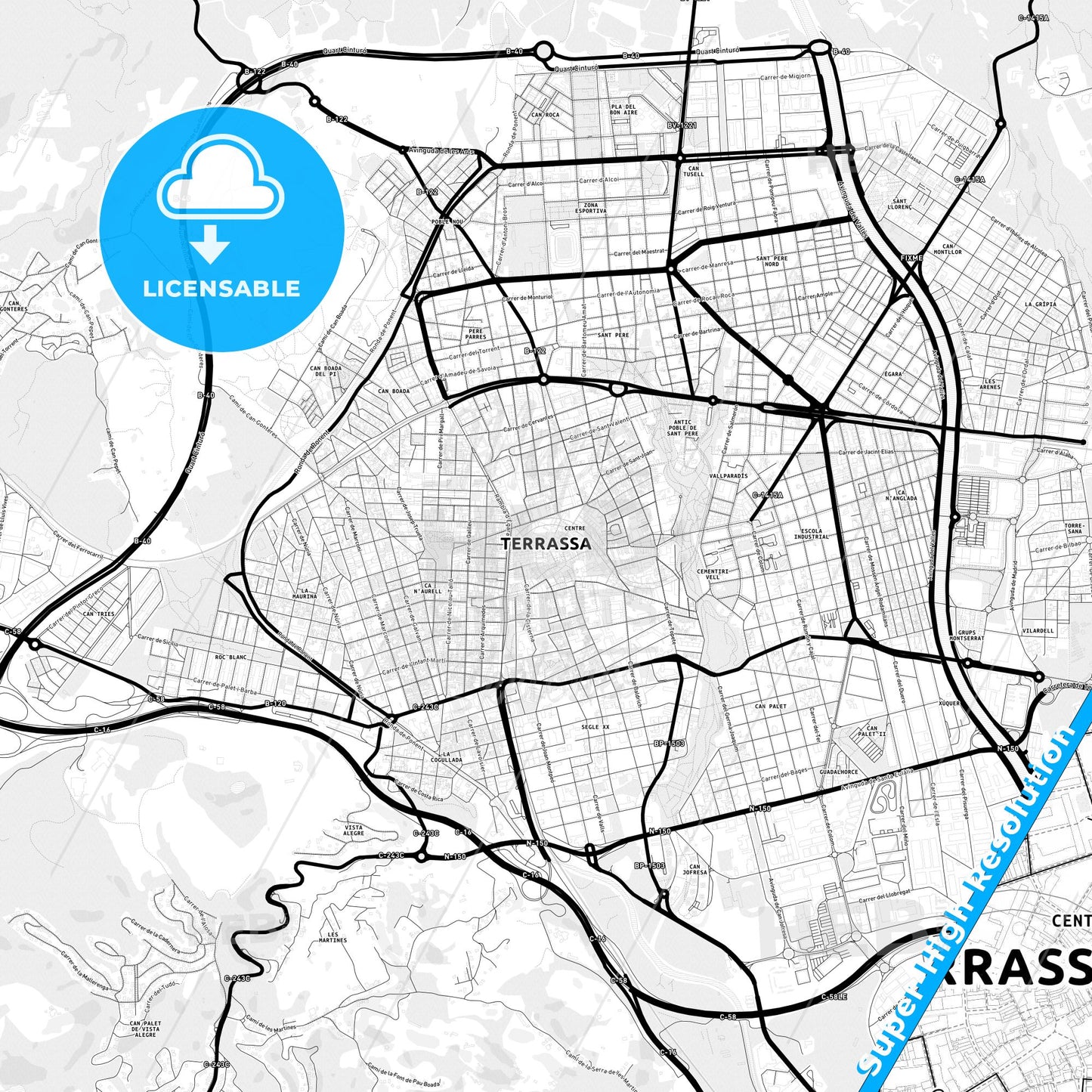 Terrassa, Spain Light Map with Street Names, City Names, and Districts