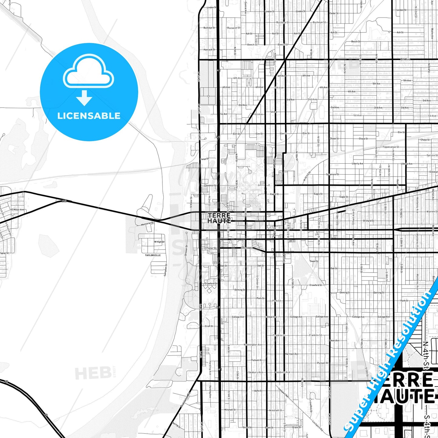 Terre Haute, Indiana Light Map with Street Names, City Names, and Districts