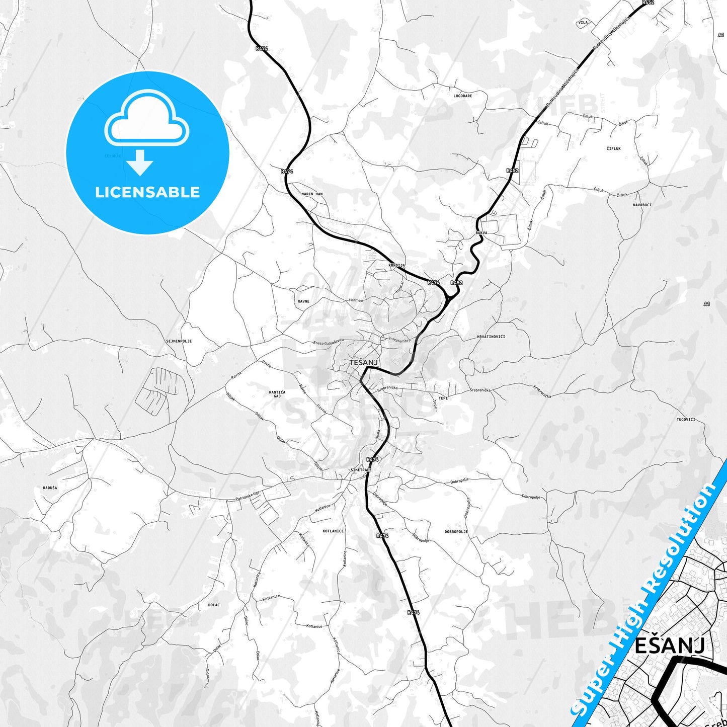 Tešanj, Bosnia and Herzegovina Light Map with Street Names, City Names, and Districts