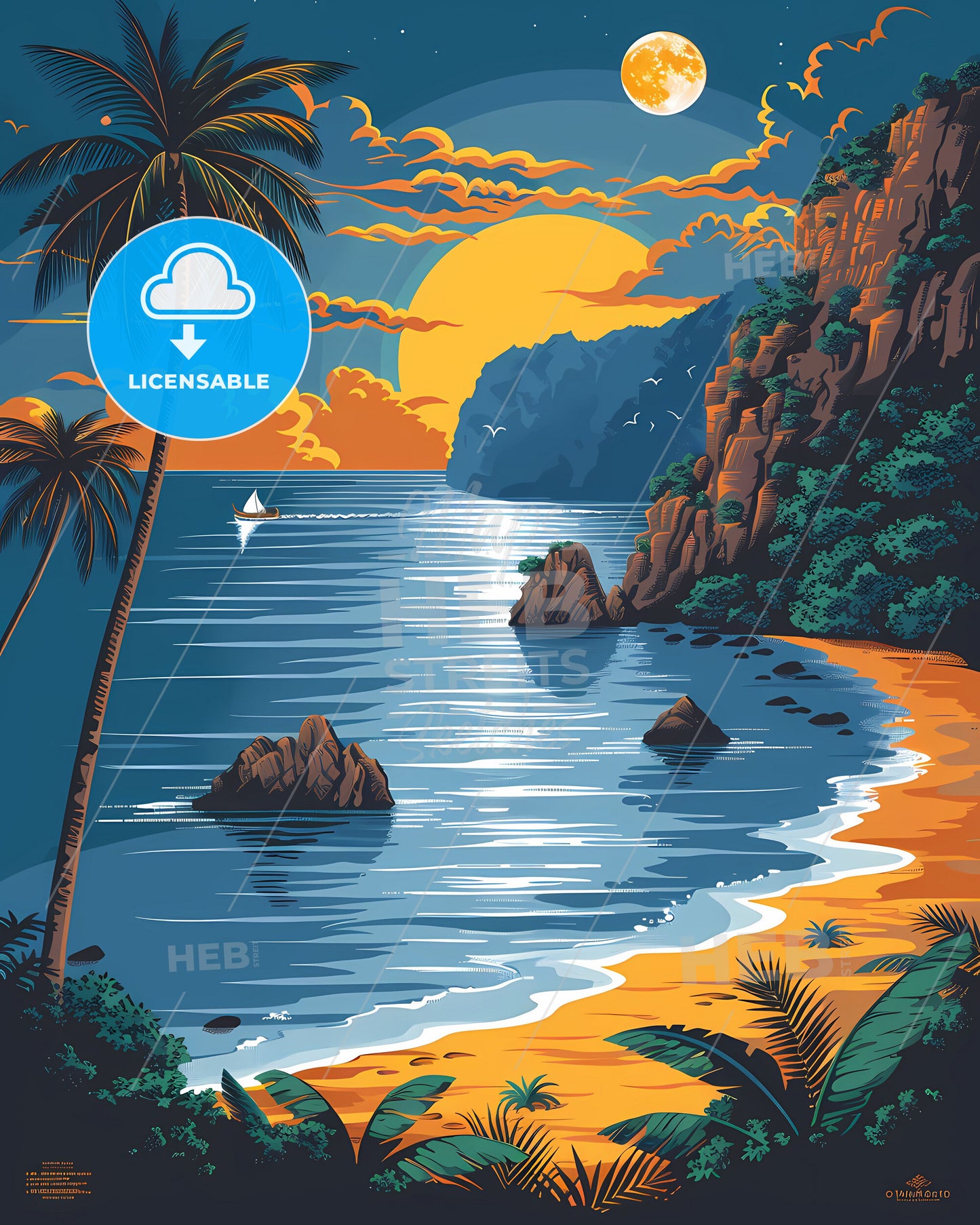 Thailand Southeast Asia painting art beach palm trees boat traditional colorful vibrant