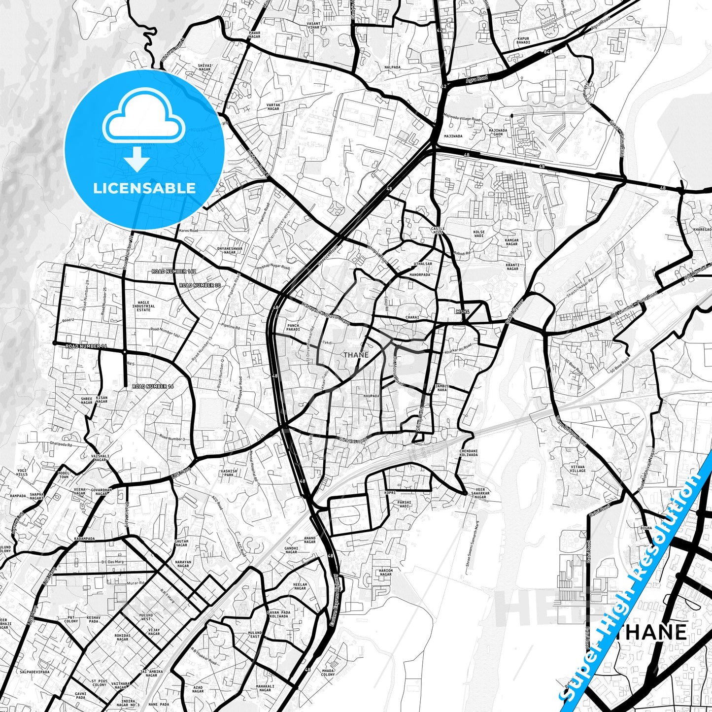 Thane, India Light Map with Street Names, City Names, and Districts
