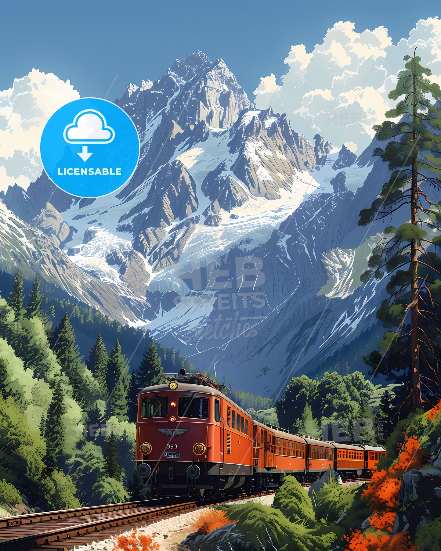 Alps Painting Train Mountains Landscape Europe Artwork
