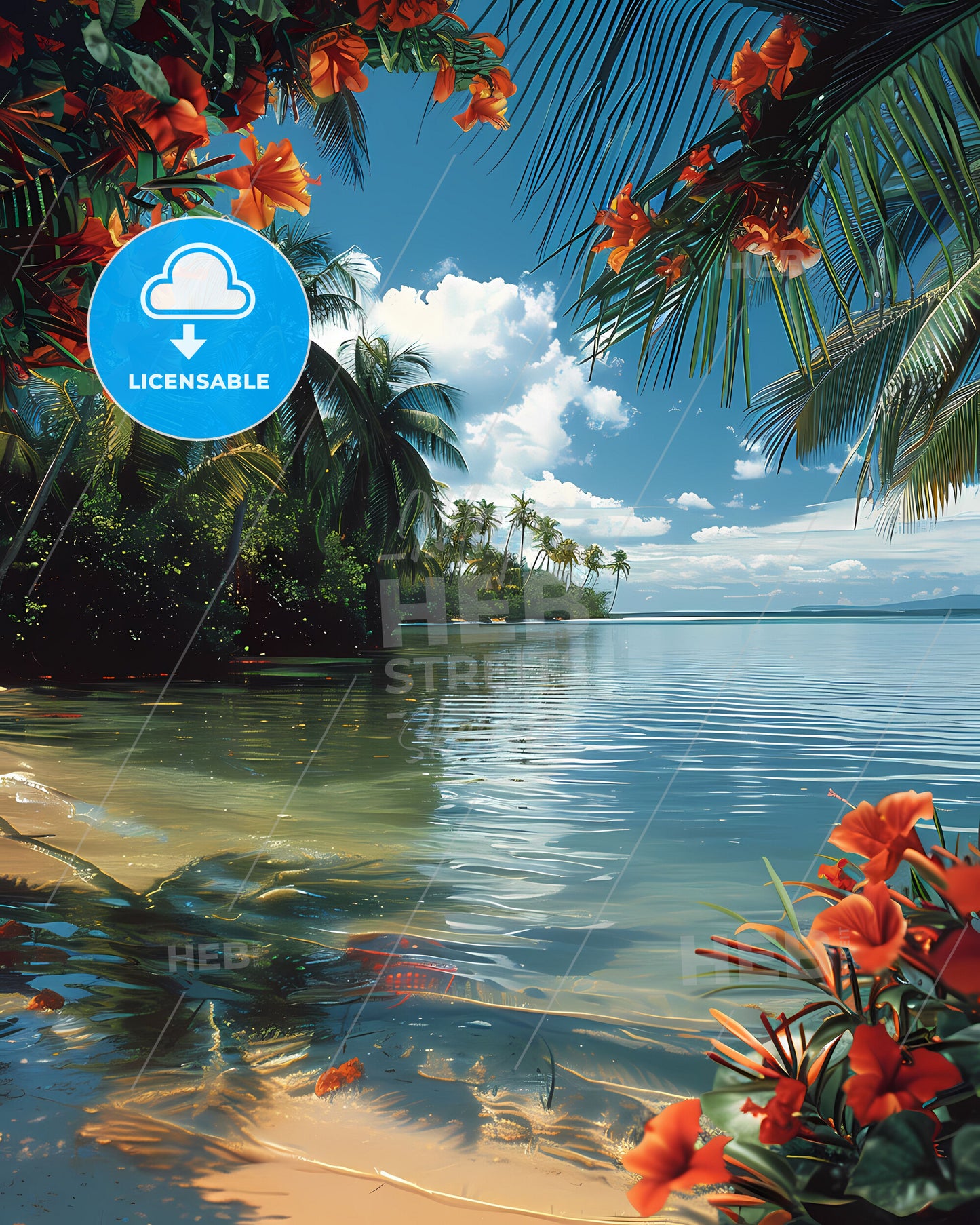 Tropical Beach with Palm Trees and Orange Flowers, Bahamas, North America, Painting, Art, Landscape