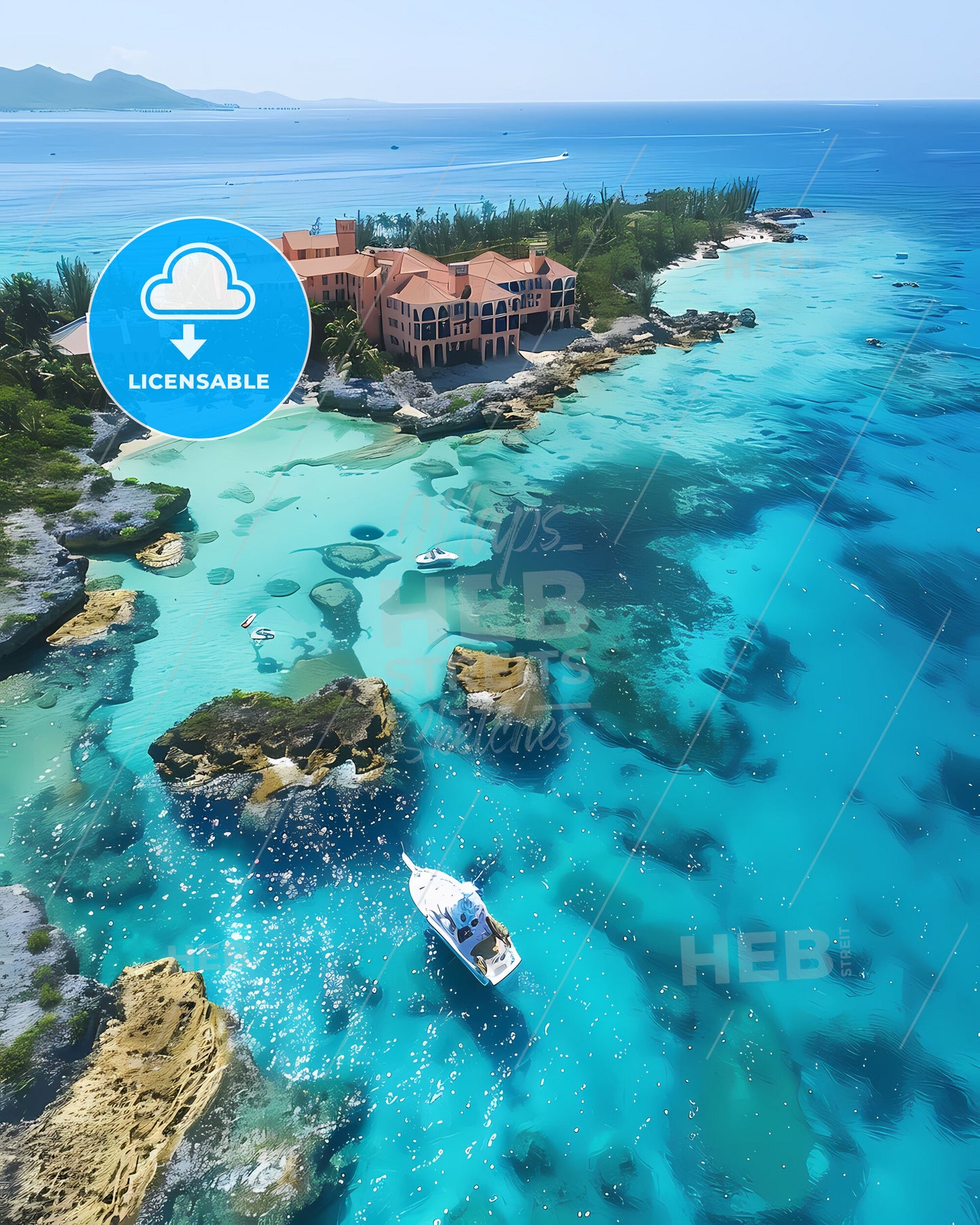 Colorful Artwork Depicting Building on Rocky Island in the Bahamas, North America