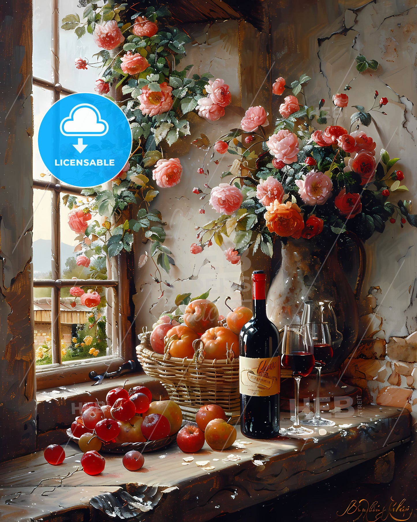 Vibrant Still Life Painting Depicting Fruits, Flowers, Basket, Vase on Table in Ancient House