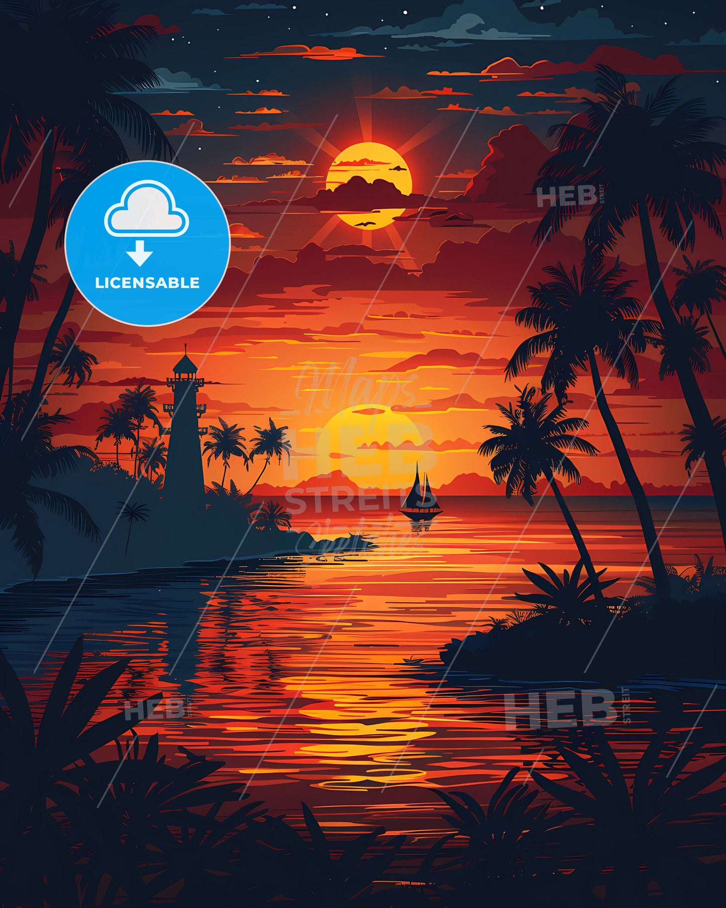 Vibrant Sunset: African Art Painting of Boats, Palms, and Water