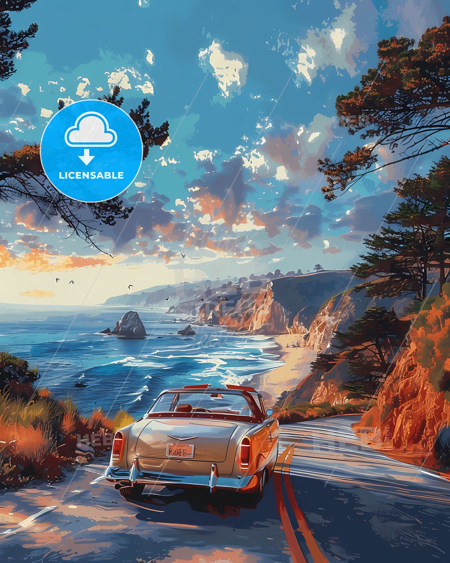 Vibrant Painting: Coastal Highway Panorama Featuring Majestic Pacific Vista