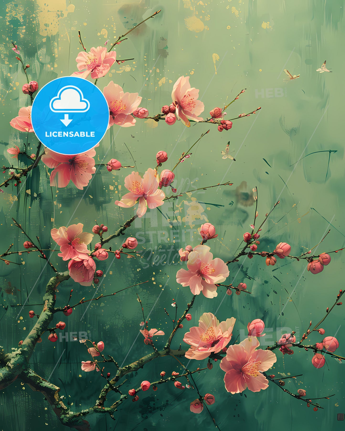 Vibrant Qingming Festival Painting Depicting the Spring's Rejuvenation with Pink Flowers