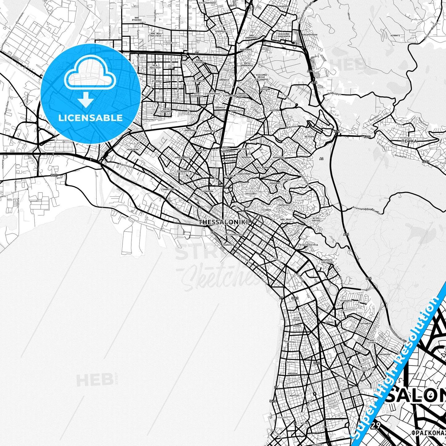 Thessaloniki, Greece Light Map with Street Names, City Names, and Districts