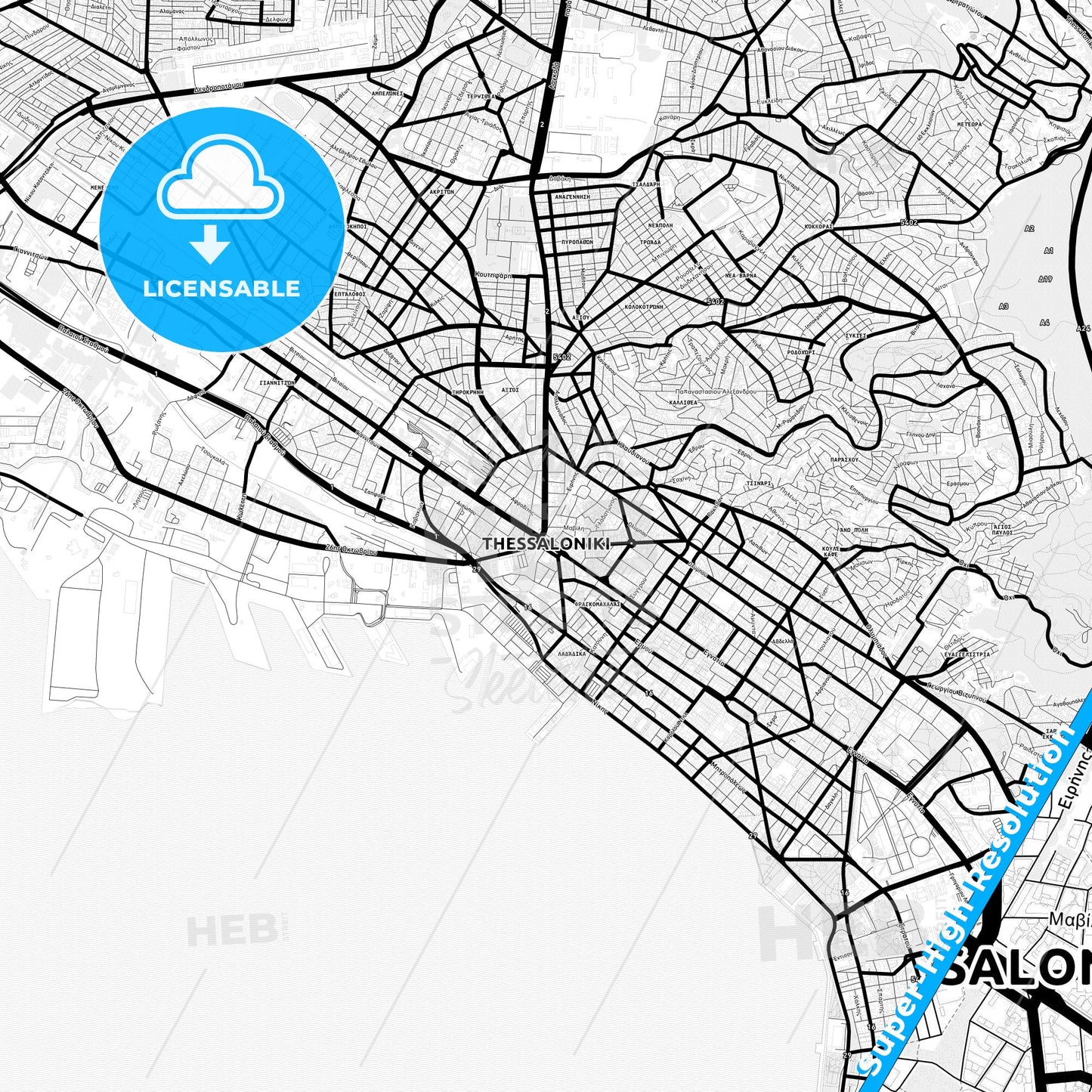 Thessaloniki, Greece Light Map with Street Names, City Names, and Districts