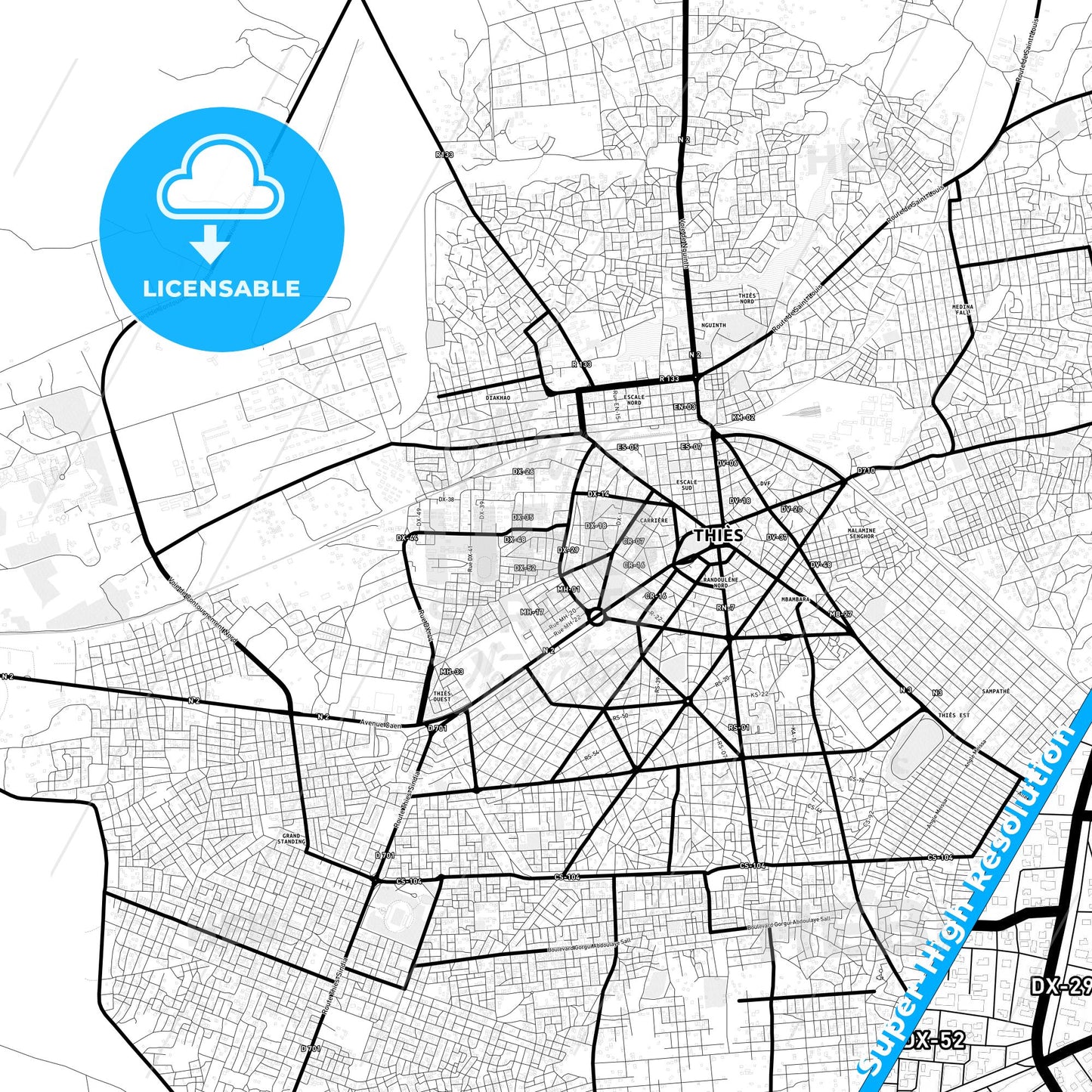 Thies, Senegal Light Map with Street Names, City Names, and Districts