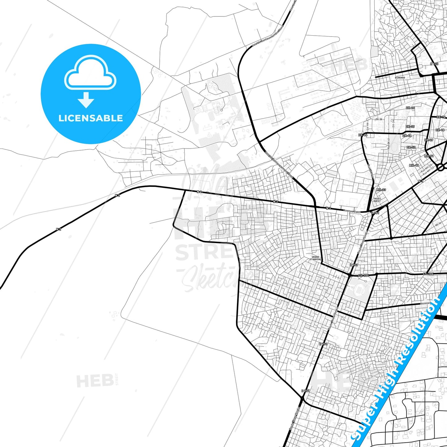 Thies Nones, Senegal Light Map with Street Names, City Names, and Districts