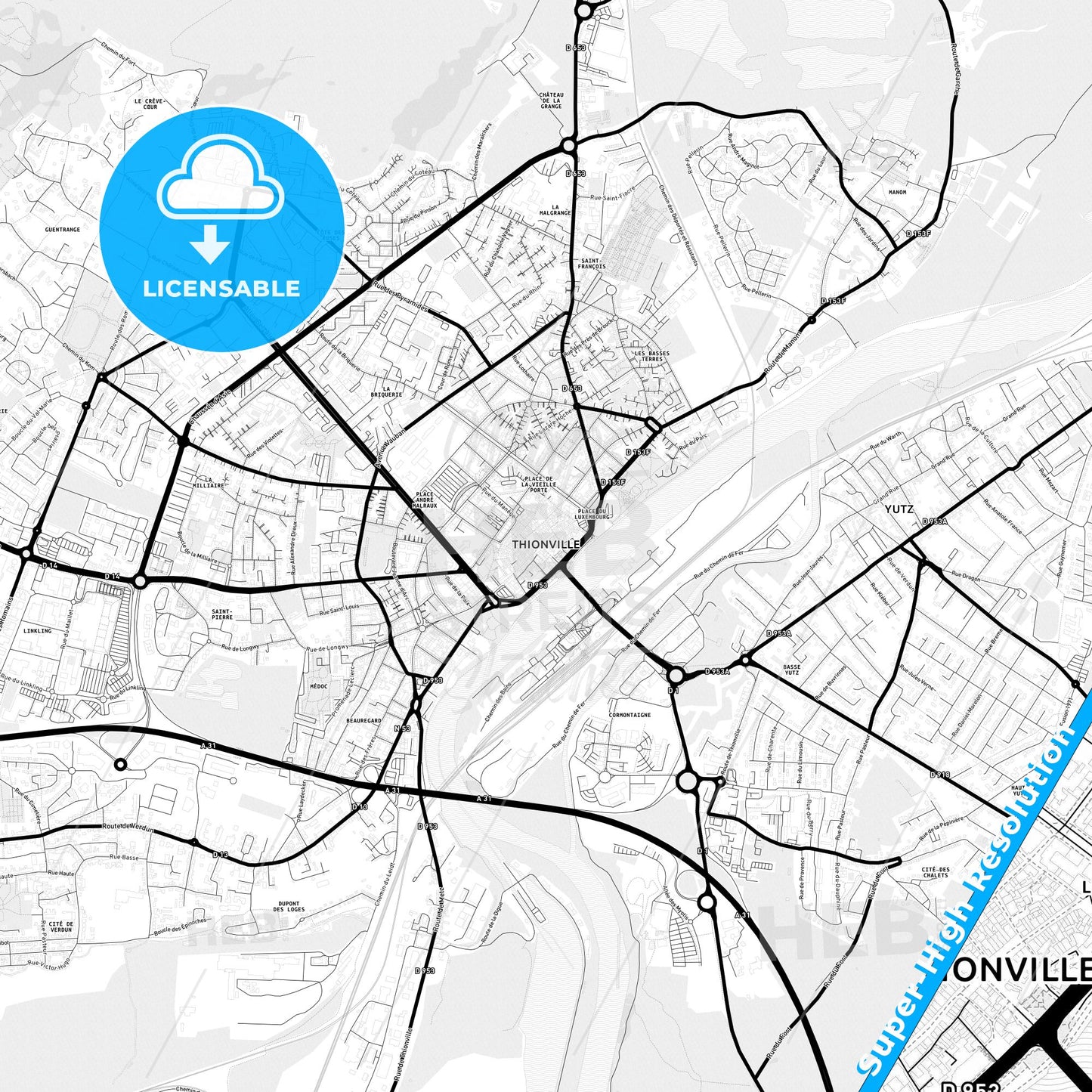 Thionville, France Light Map with Street Names, City Names, and Districts