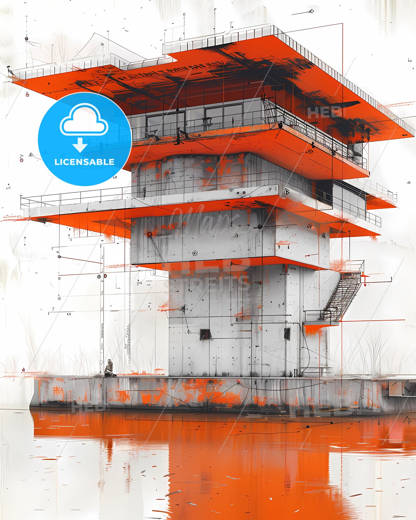 Architectural Precision and Modern Sleekness: A Color Splash Painting with Nautical Detail and Multiple Exposures Featuring an Orange Building