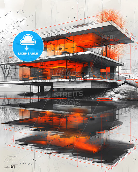 Modern Architectural Painting: Vibrant Orange and Red House with Nautical Reflections