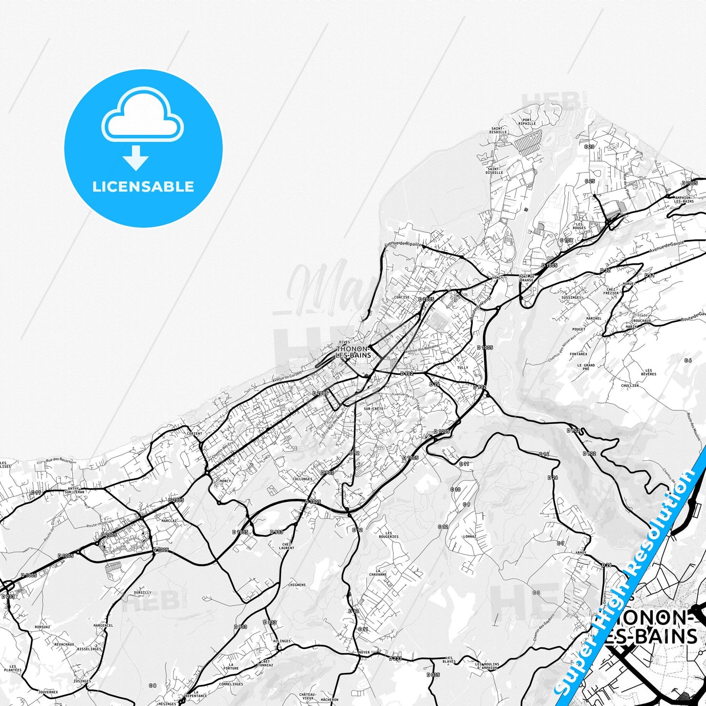 Thonon-les-Bains, France Light Map with Street Names, City Names, and Districts