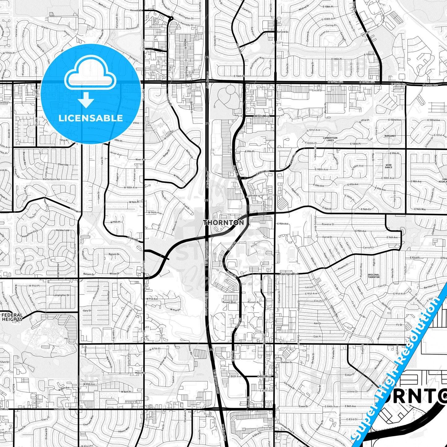 Thornton, Colorado Light Map with Street Names, City Names, and Districts