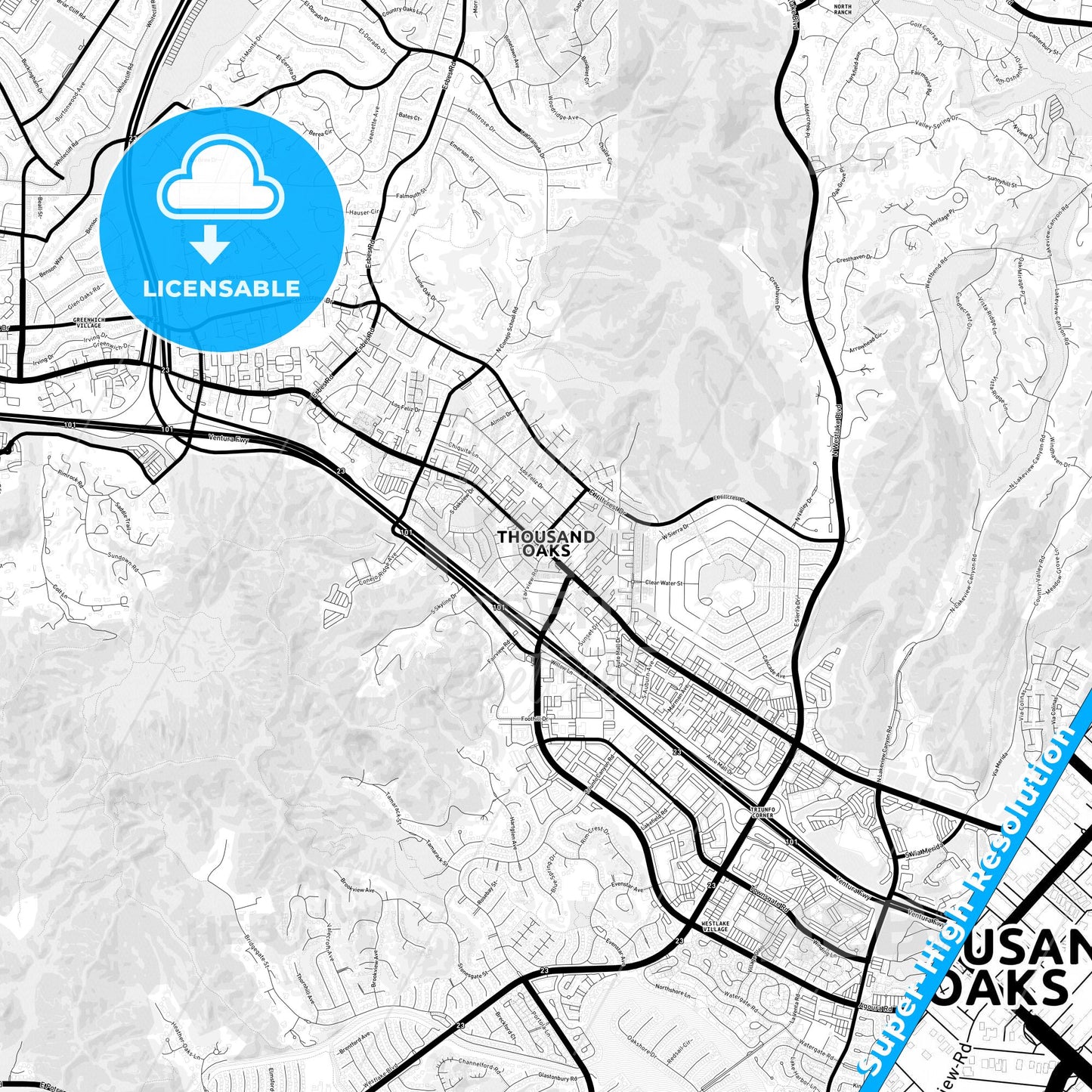 Thousand Oaks, California Light Map with Street Names, City Names, and Districts