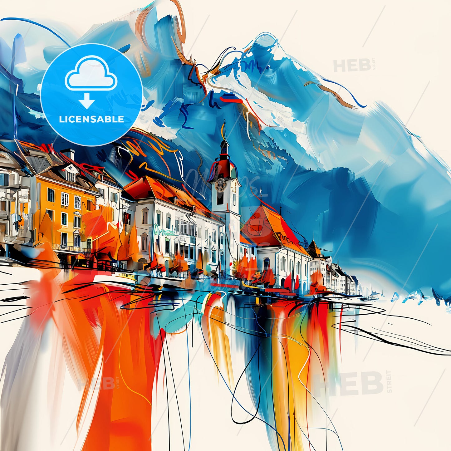 Vibrant Thun, Switzerland - A Painting Of A Town With A Mountain In The Background