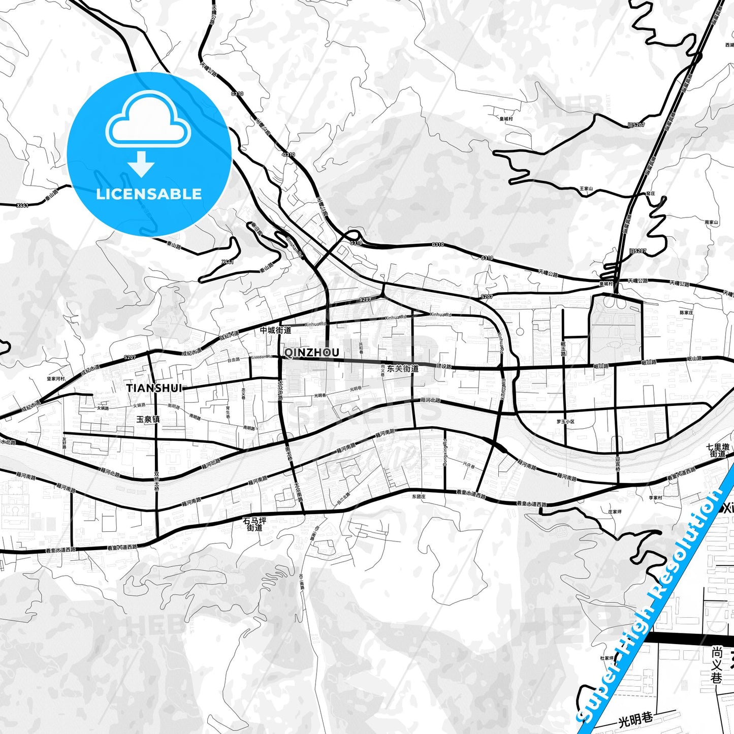 Tianshui, China Light Map with Street Names, City Names, and Districts