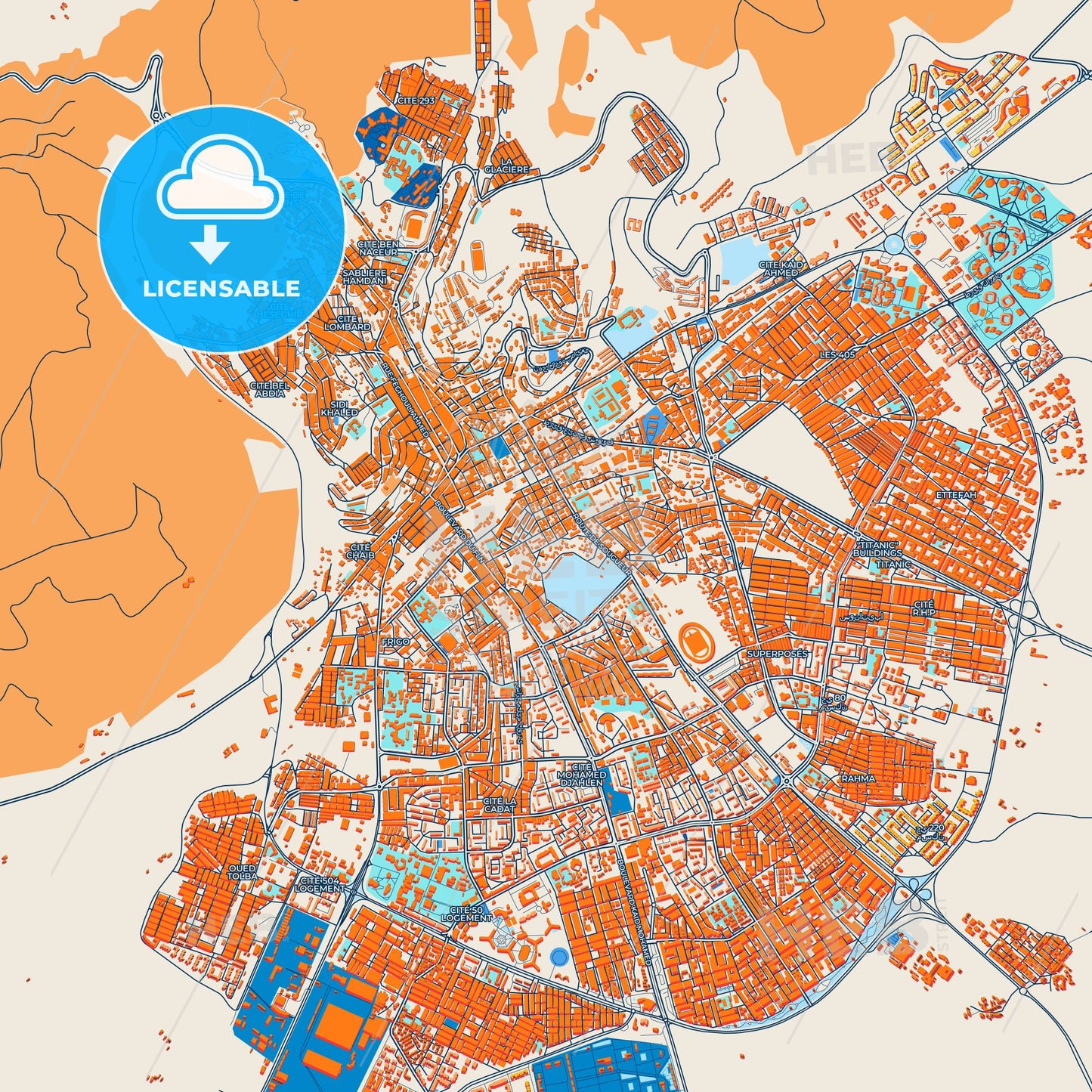 Colorful Tiaret Street Map with Labels and Buildings