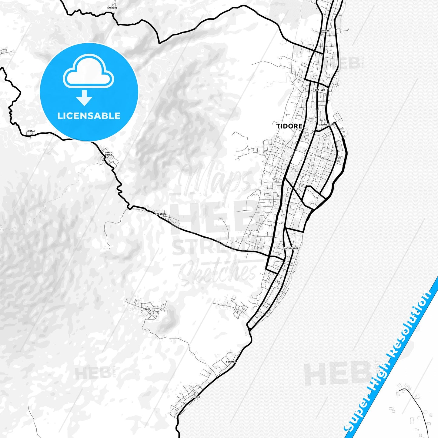 Tidore, Indonesia Light Map with Street Names, City Names, and Districts