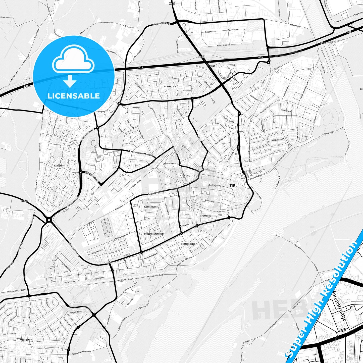Tiel, Netherlands Light Map with Street Names, City Names, and Districts