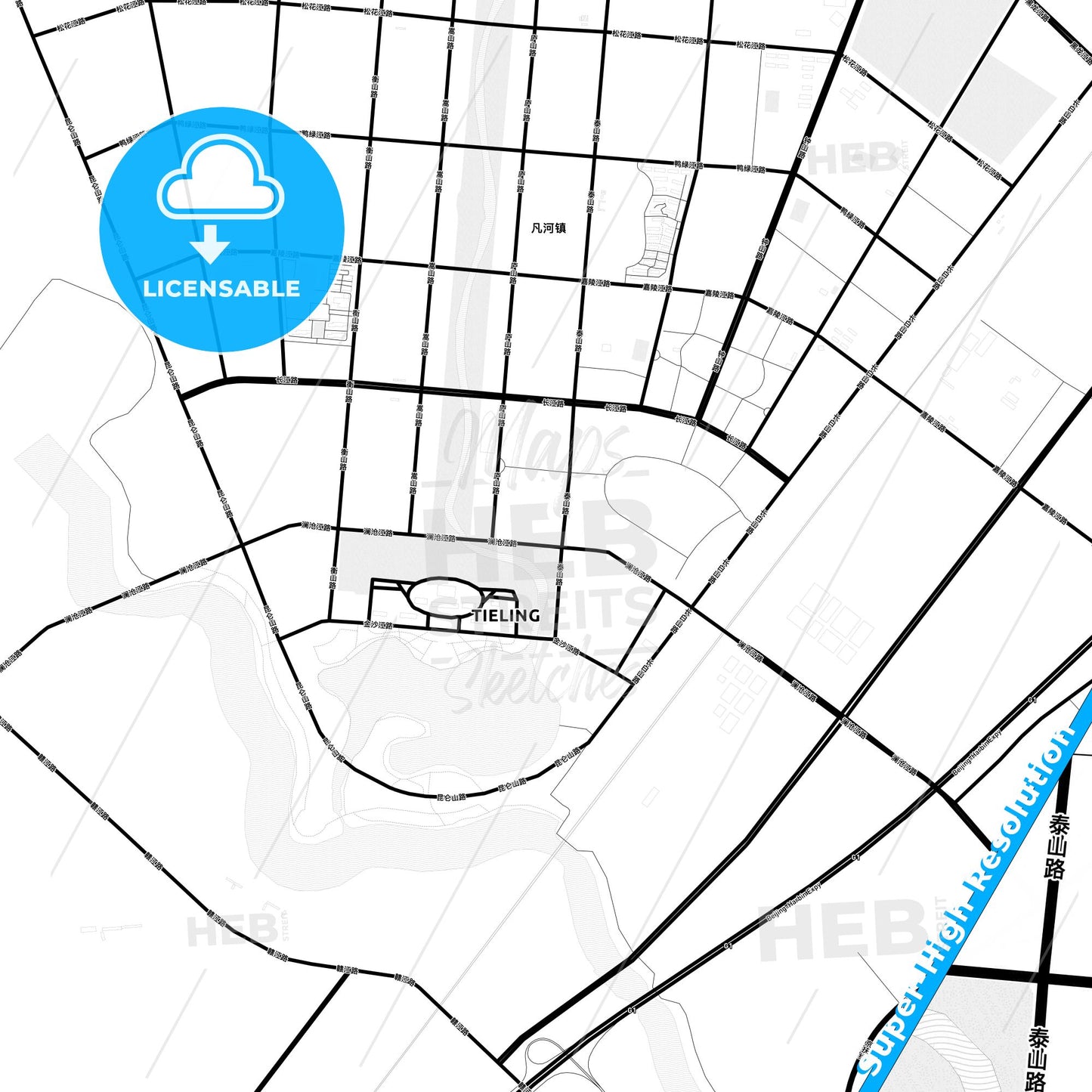 Tieling, China Light Map with Street Names, City Names, and Districts