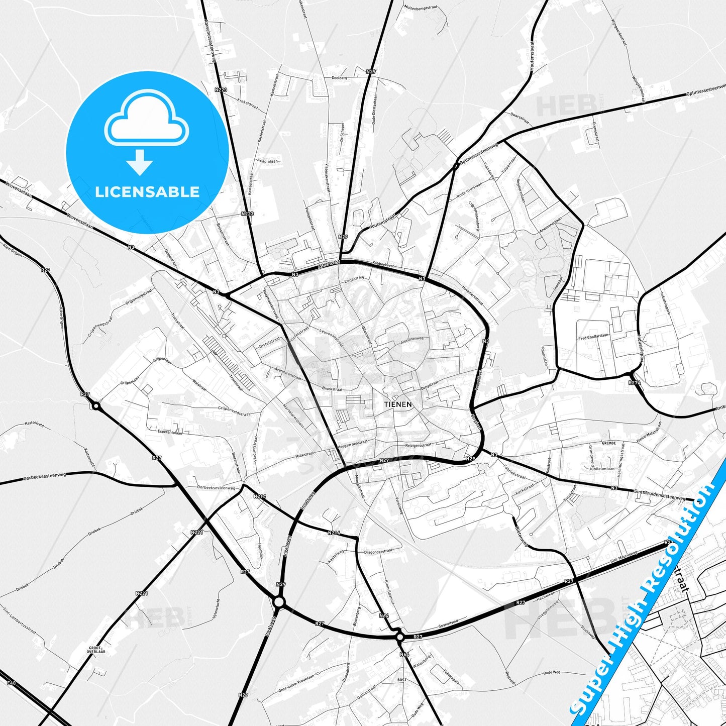 Tienen, Belgium Light Map with Street Names, City Names, and Districts