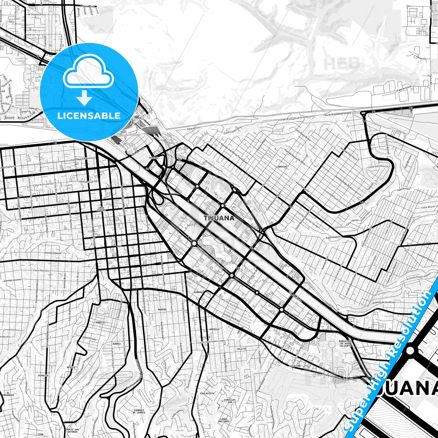 Tijuana, Mexico Light Map with Street Names, City Names, and Districts