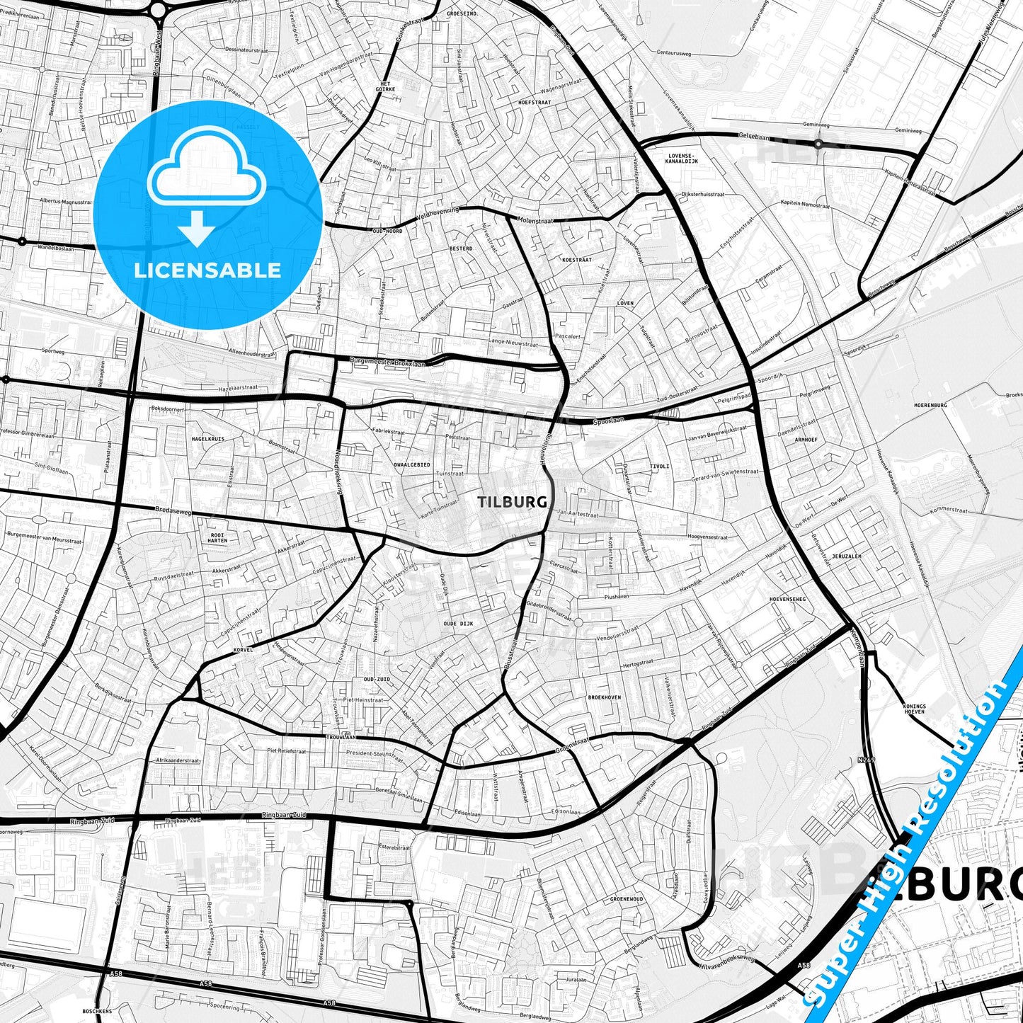 Tilburg, Netherlands Light Map with Street Names, City Names, and Districts