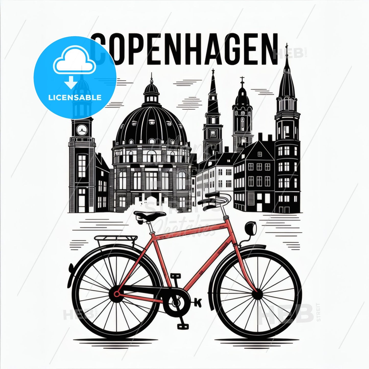 Timeless Copenhagen: Monochrome Landmarks with Vibrant Red Bicycle Elegance