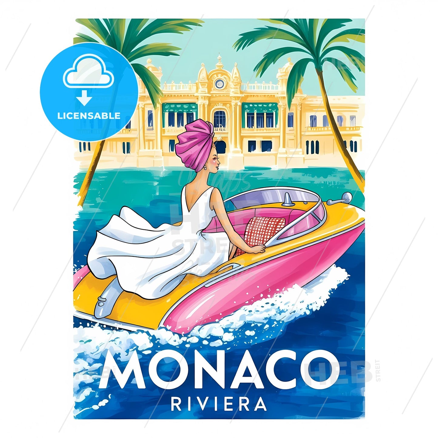 Timeless Elegance: Retro Monaco Travel Scene in Vibrant Pastel Hues