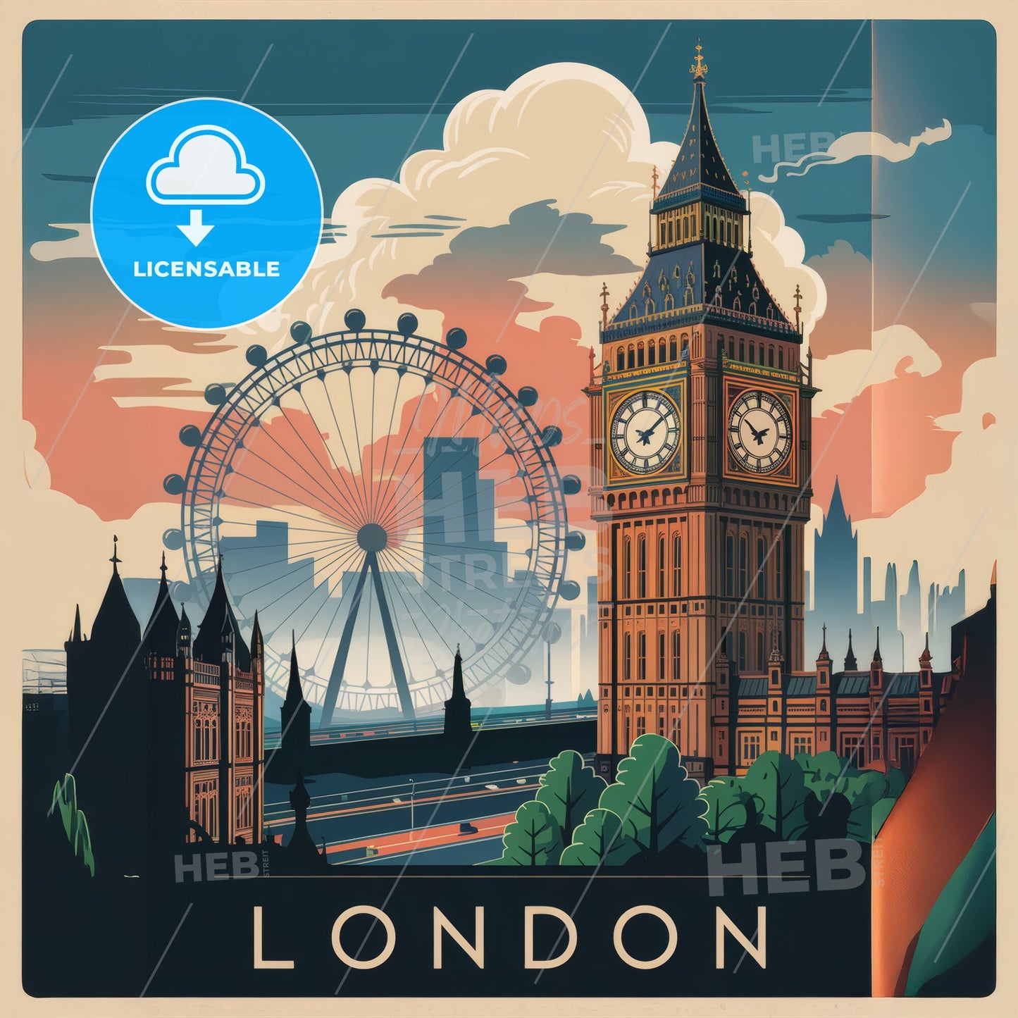 Timeless London: Retro-Modern Travel Poster Showcasing Iconic Landmarks