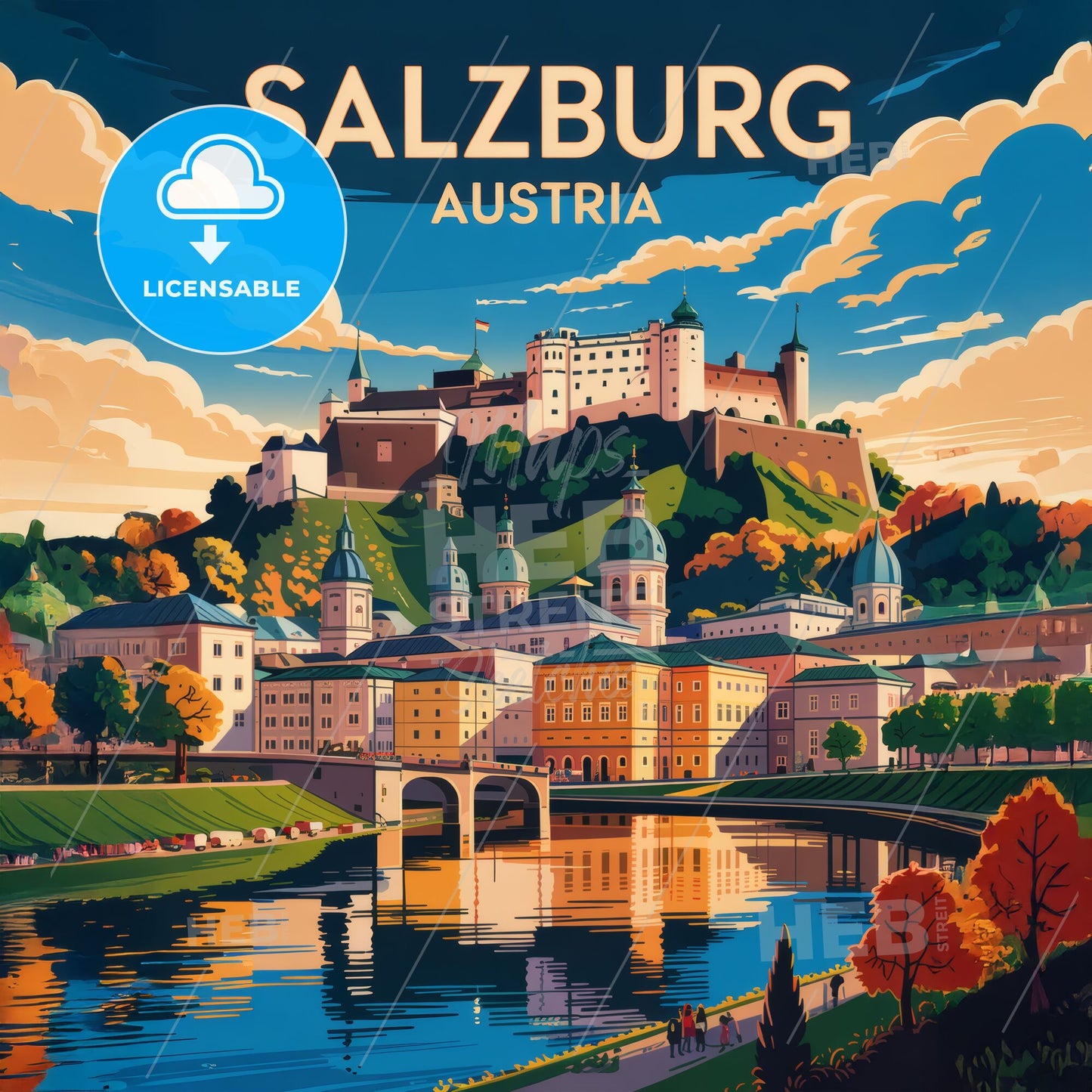 Timeless Serenity: Art Deco Salzburg Travel Poster with Scenic River Reflection