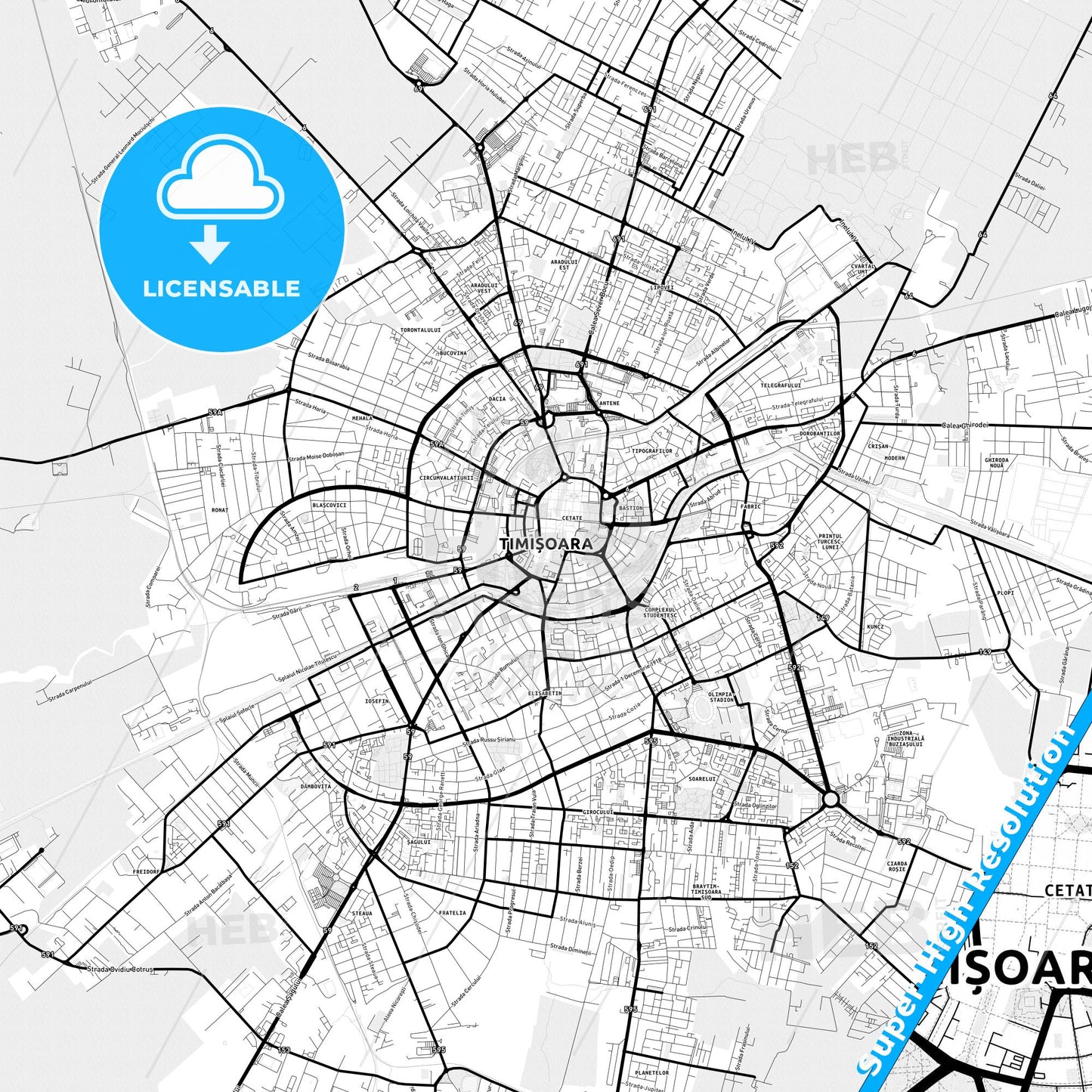 Timișoara, Romania Light Map with Street Names, City Names, and Districts