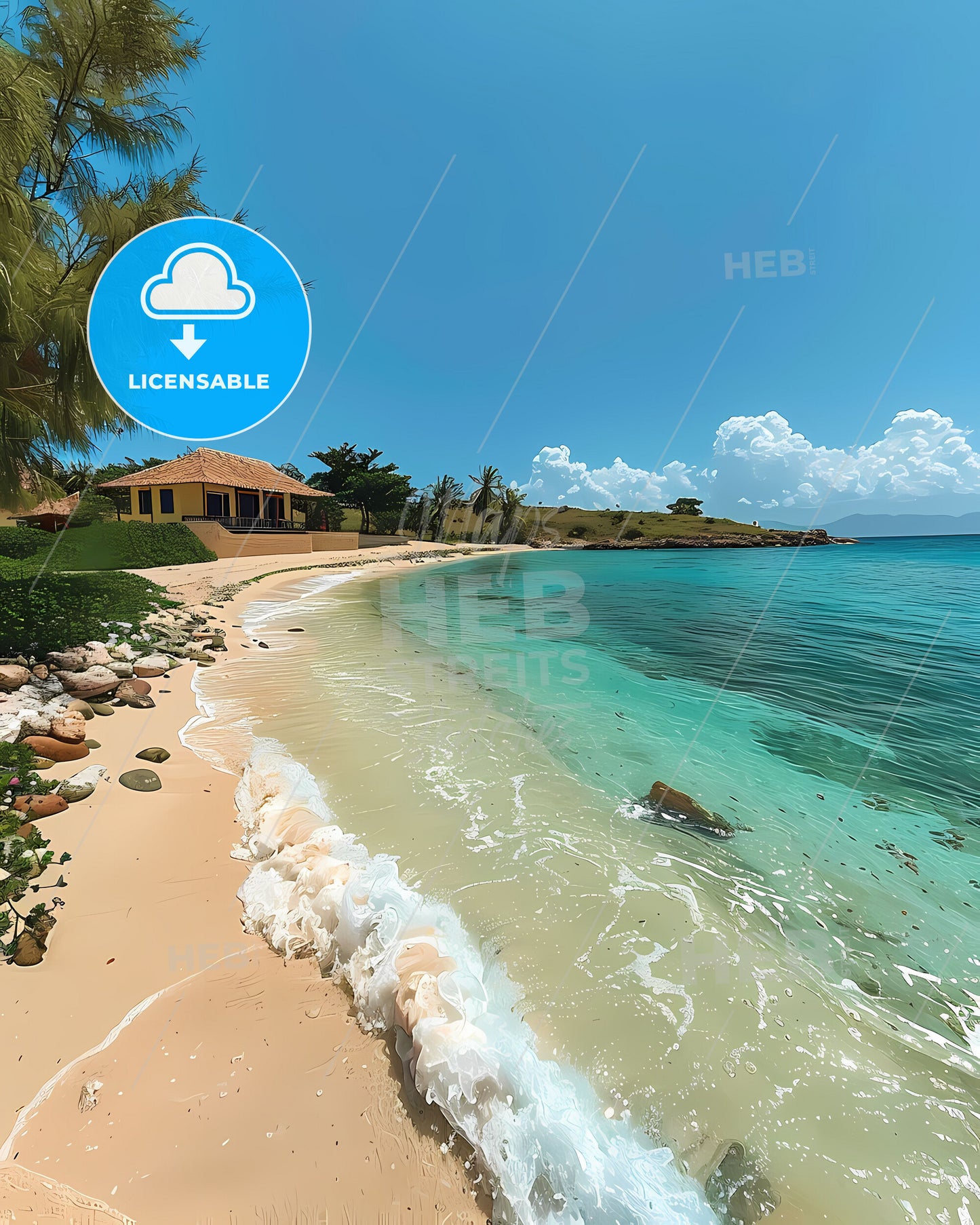 Artistic Impression of a Beach in Timor-Leste, Southeast Asia: House and Art by the Shore