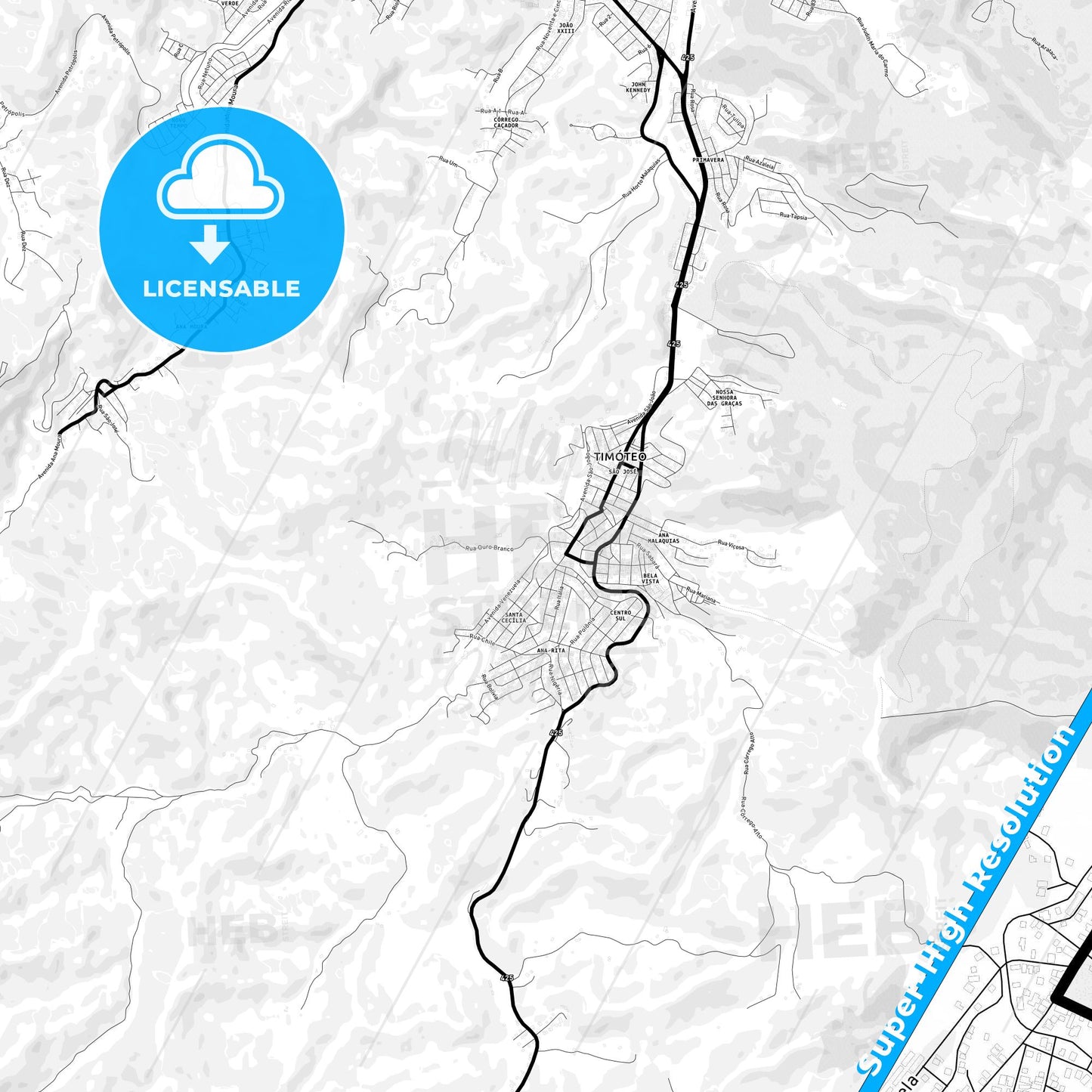Timoteo, Brazil Light Map with Street Names, City Names, and Districts