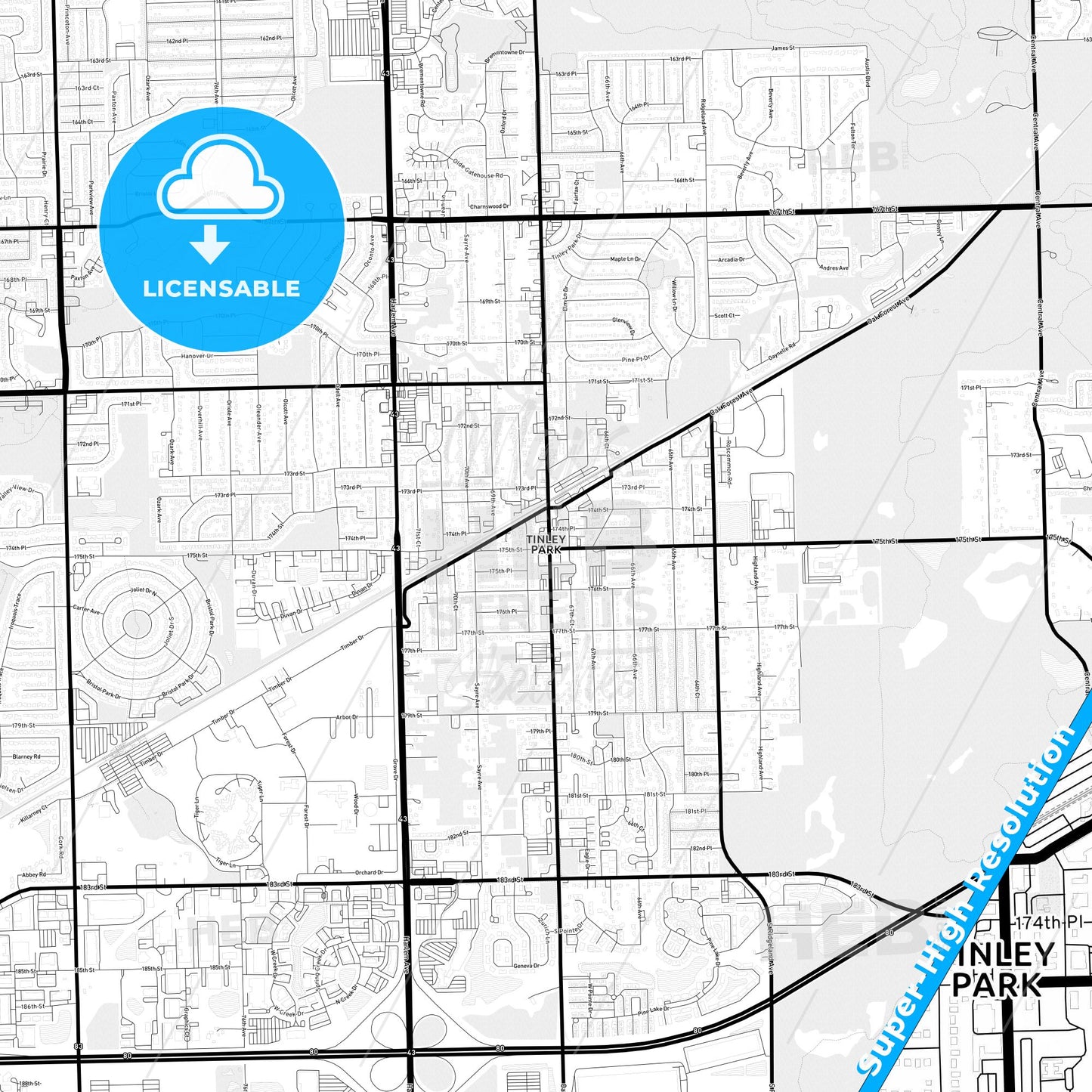 Tinley Park, Illinois Light Map with Street Names, City Names, and Districts