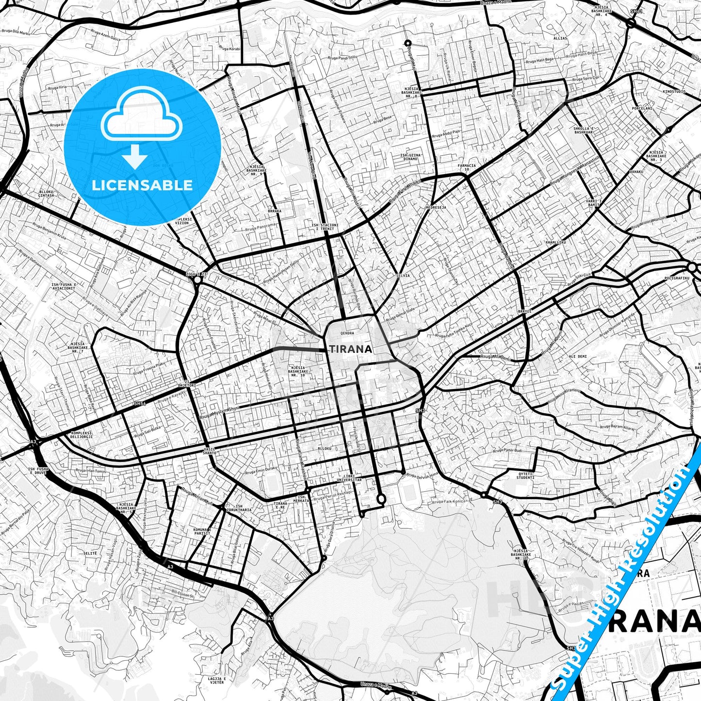 Tirana, Albania Light Map with Street Names, City Names, and Districts