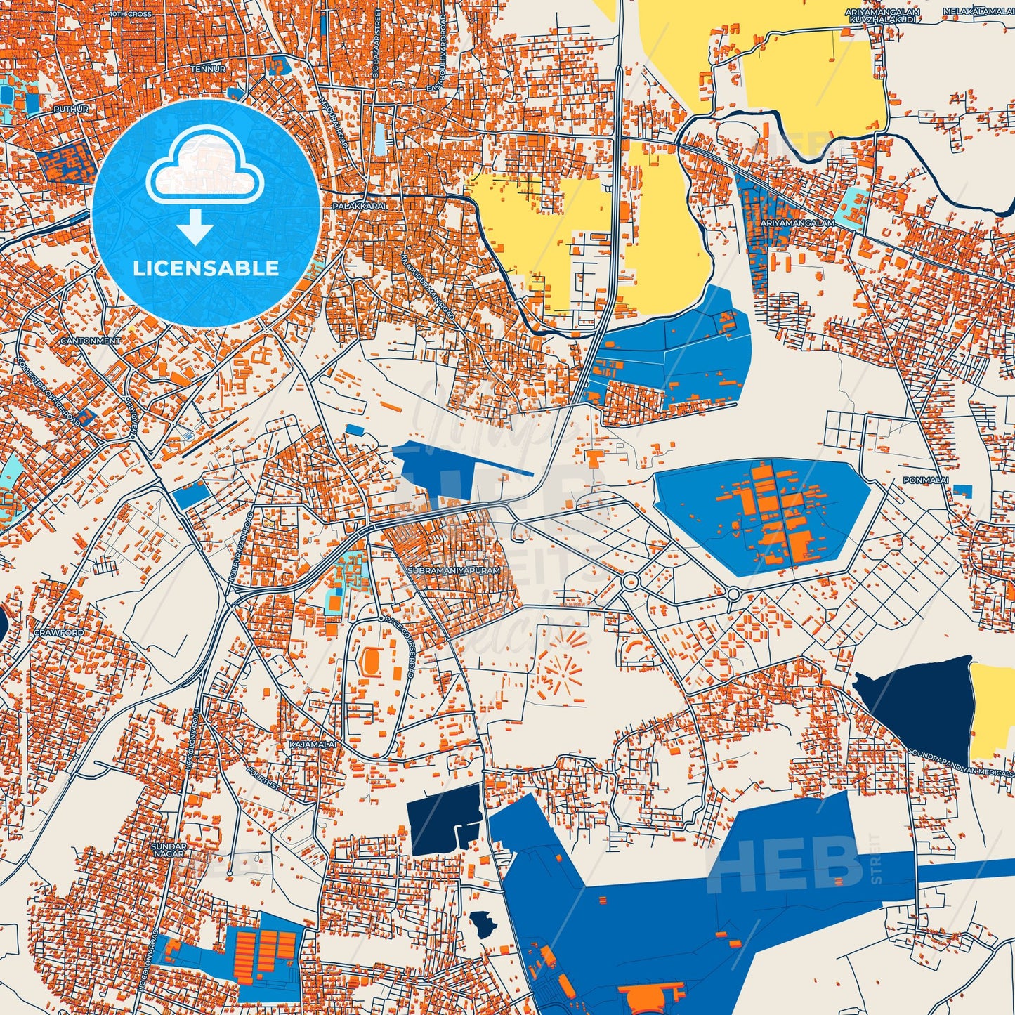 Colorful Tiruchirappalli Street Map with Labels and Buildings