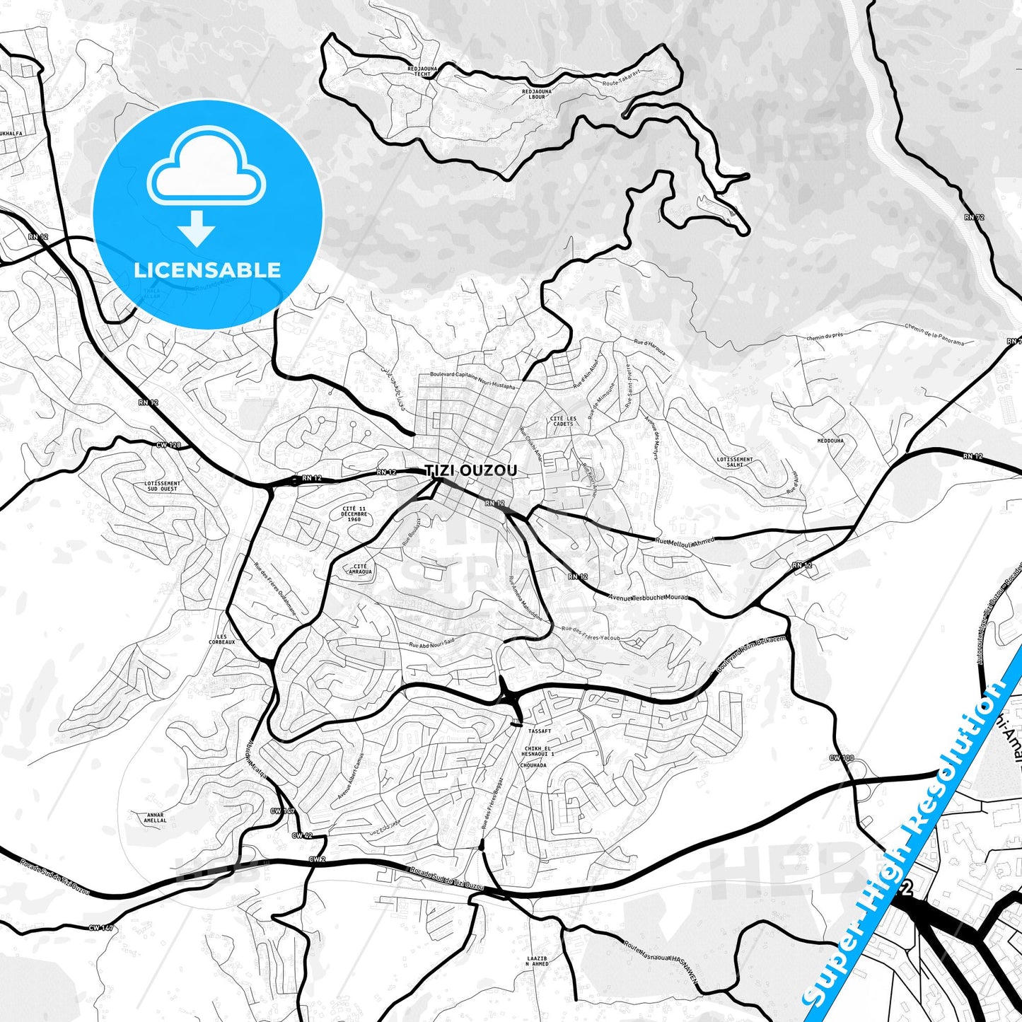 Tizi Ouzou, Algeria Light Map with Street Names, City Names, and Districts