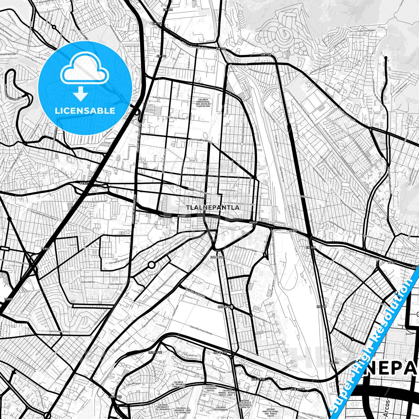 Tlalnepantla, Mexico Light Map with Street Names, City Names, and Districts
