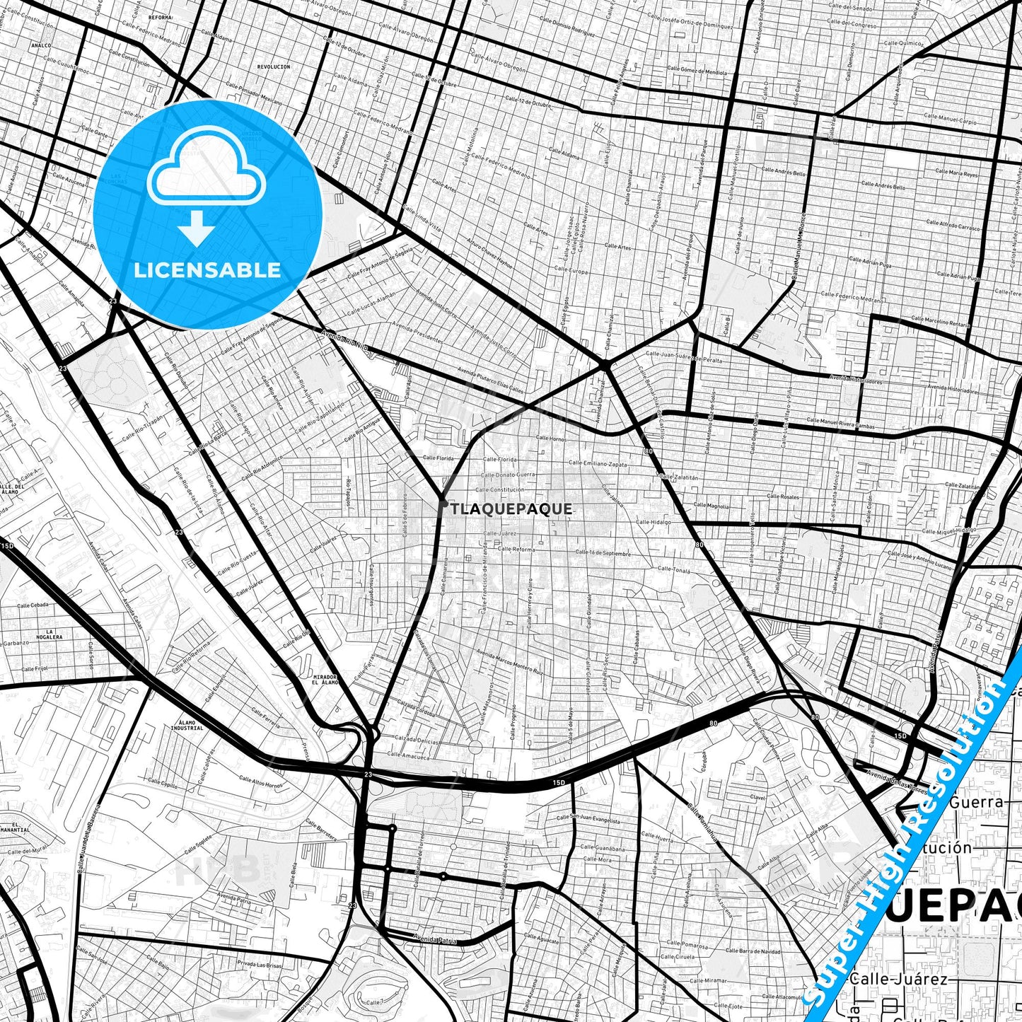 Tlaquepaque, Mexico Light Map with Street Names, City Names, and Districts