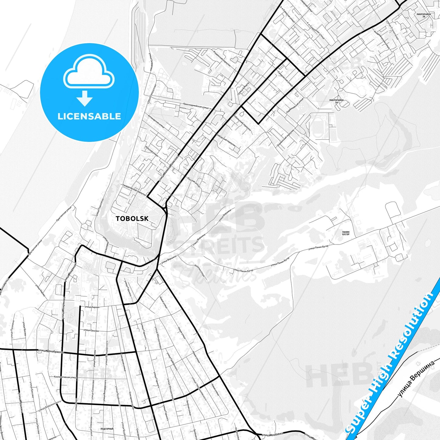 Tobolsk, Russia Light Map with Street Names, City Names, and Districts