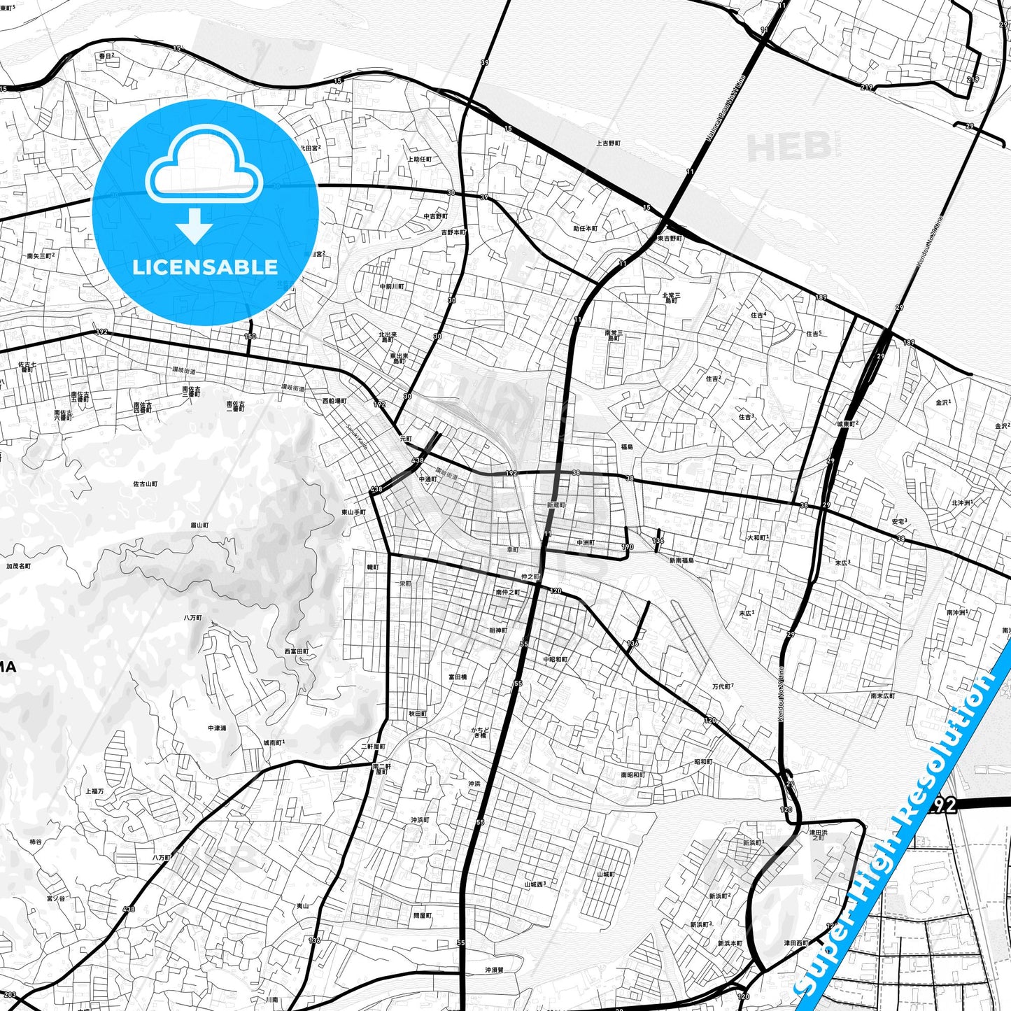 Tokushima, Japan Light Map with Street Names, City Names, and Districts