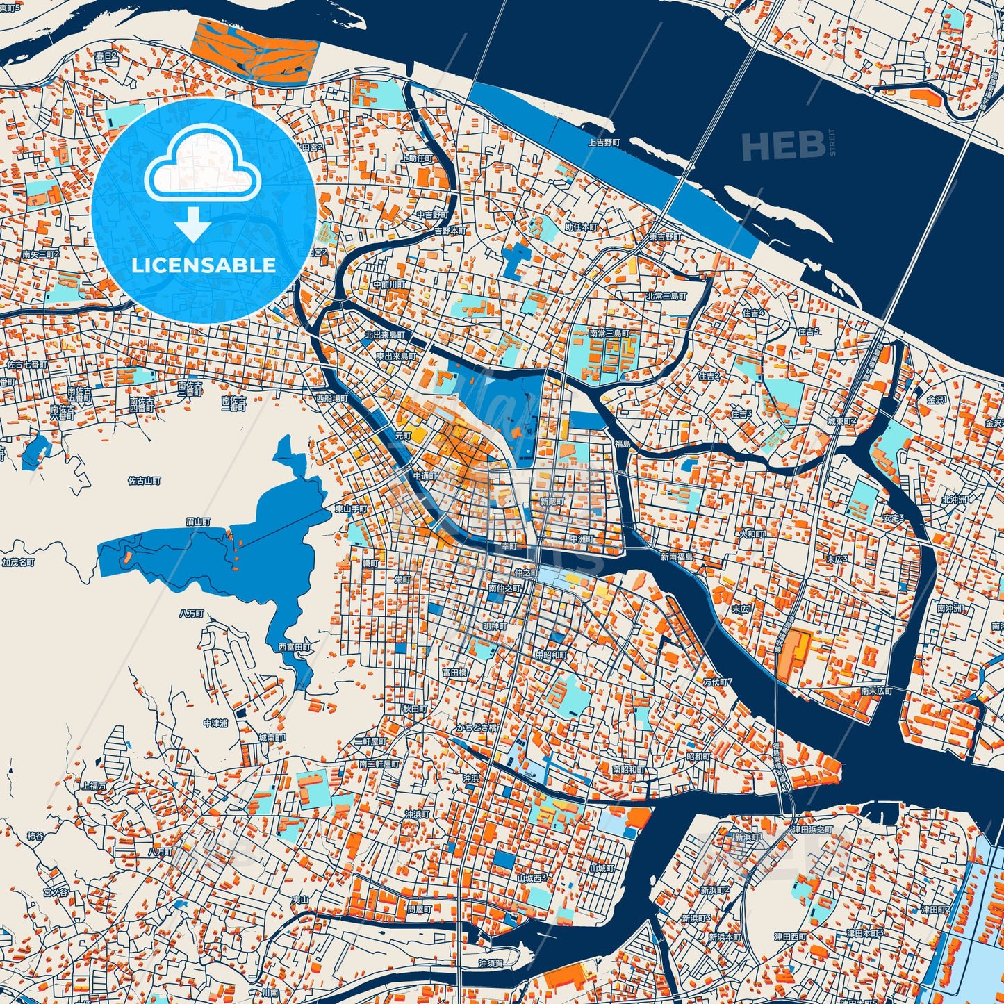 Colorful Tokushima Street Map with Labels and Buildings