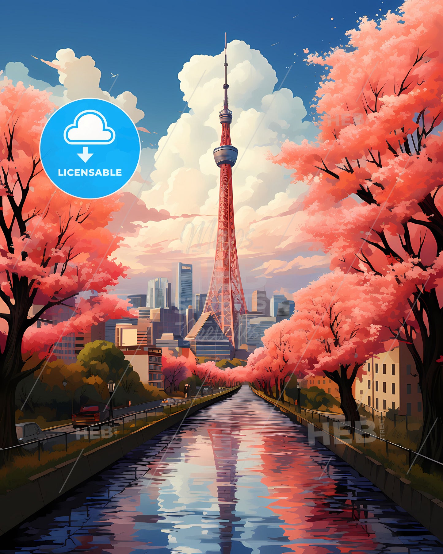 Vibrant Tokyo Skyline Cityscape Painting Tower Riverside Trees